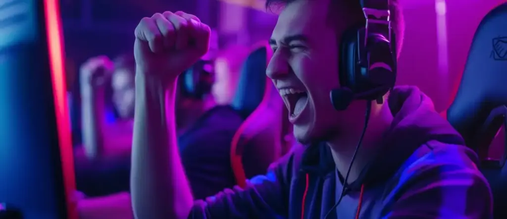 De man viert zijn overwinning in het spel door zijn vuist in de lucht te steken.