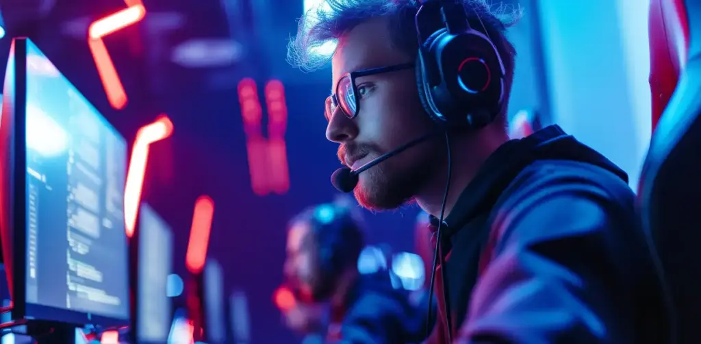 De jongen kijkt geconcentreerd naar het beeldscherm.