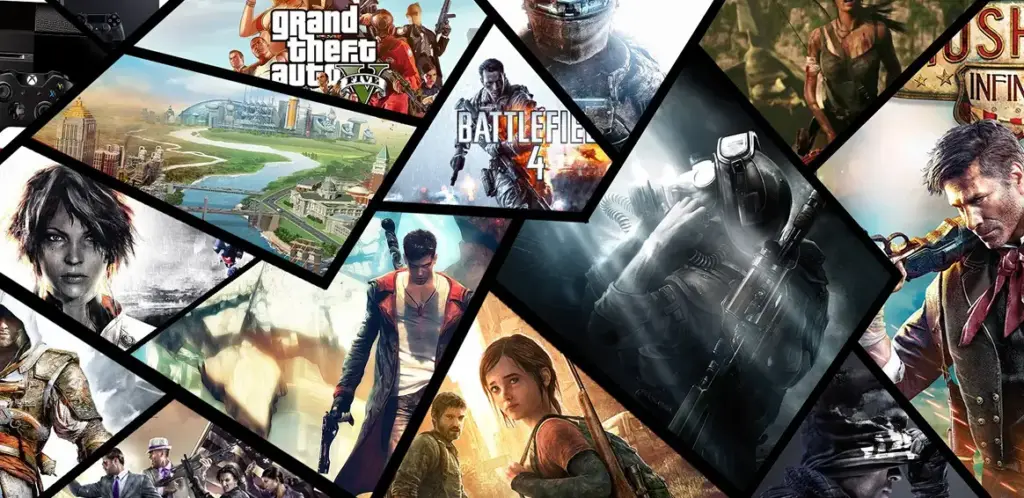 Collage van populaire videogames die in de club worden aangeboden.