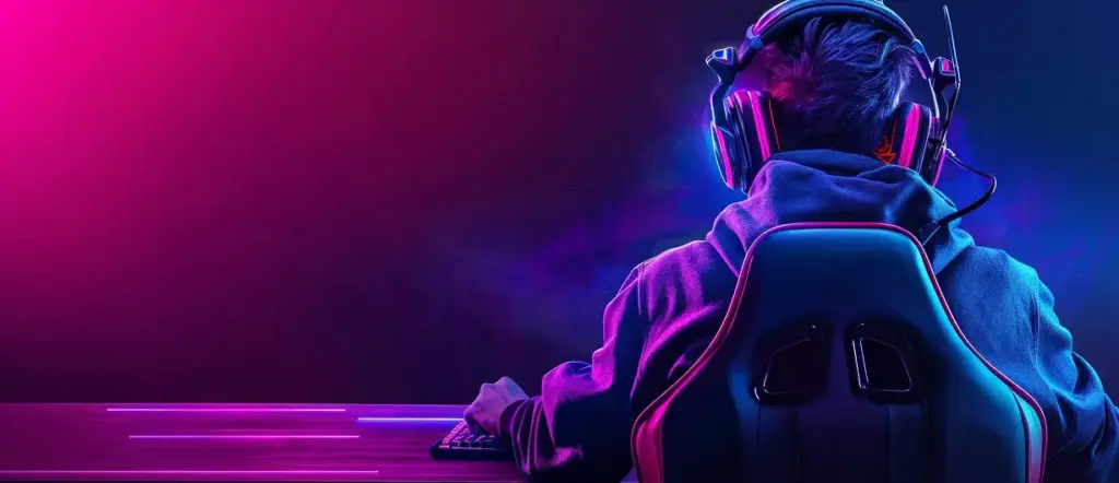 Paren zit met zijn rug tegen een gamingstoel tegen een achtergrond van neonverlichting.