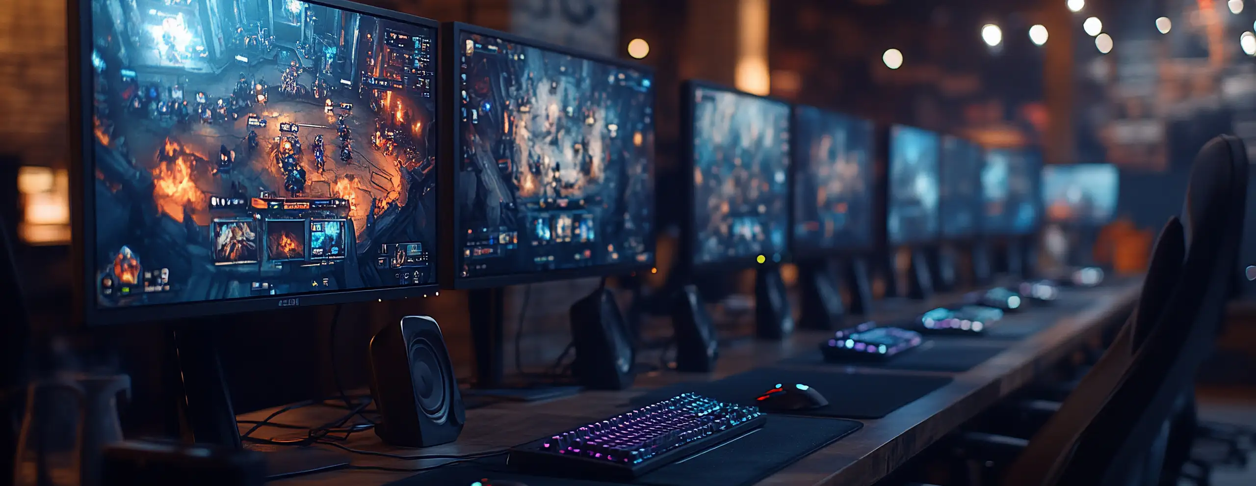 Een zaal met computers op houten tafels met neonverlichting.