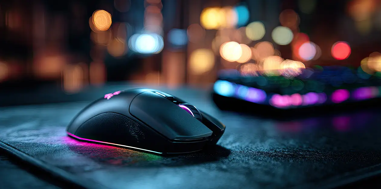 Er staat een computermuis met neonverlichting op de tafel.