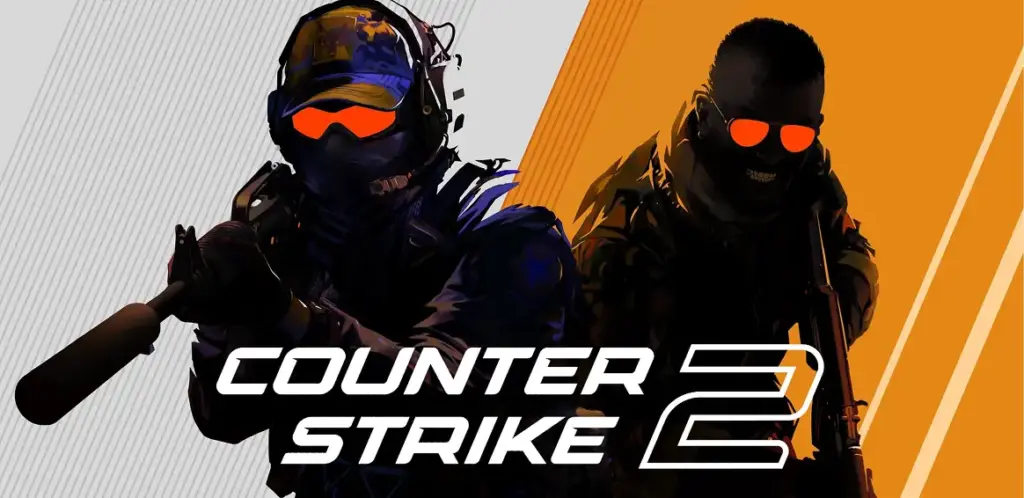 Poster van het spel Counter-Strike 2 met twee strijders op een geel-witte achtergrond.
