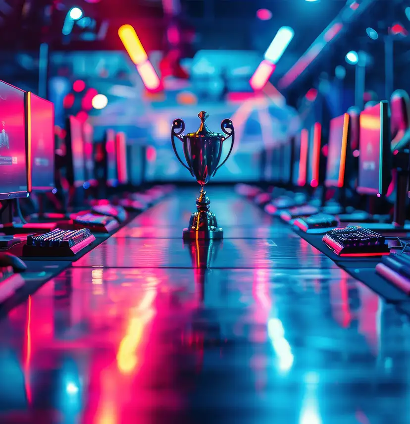 De beker staat op tafel, omringd door computers.