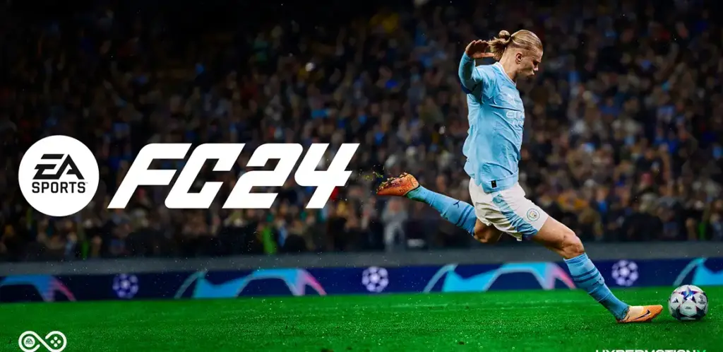 EA Sports FC 24-spelposter met een voetballer die tegen de bal schiet.