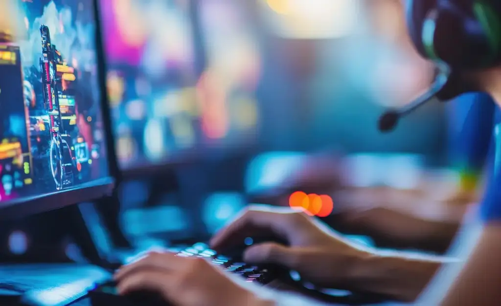 Afgebeeld is een toetsenbord waarop gespeeld wordt, zwart van kleur met neonverlichting.