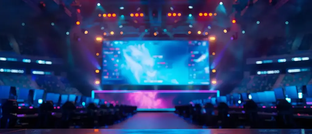 De arena met het grote scherm erboven wordt verlicht door neonkleuren.