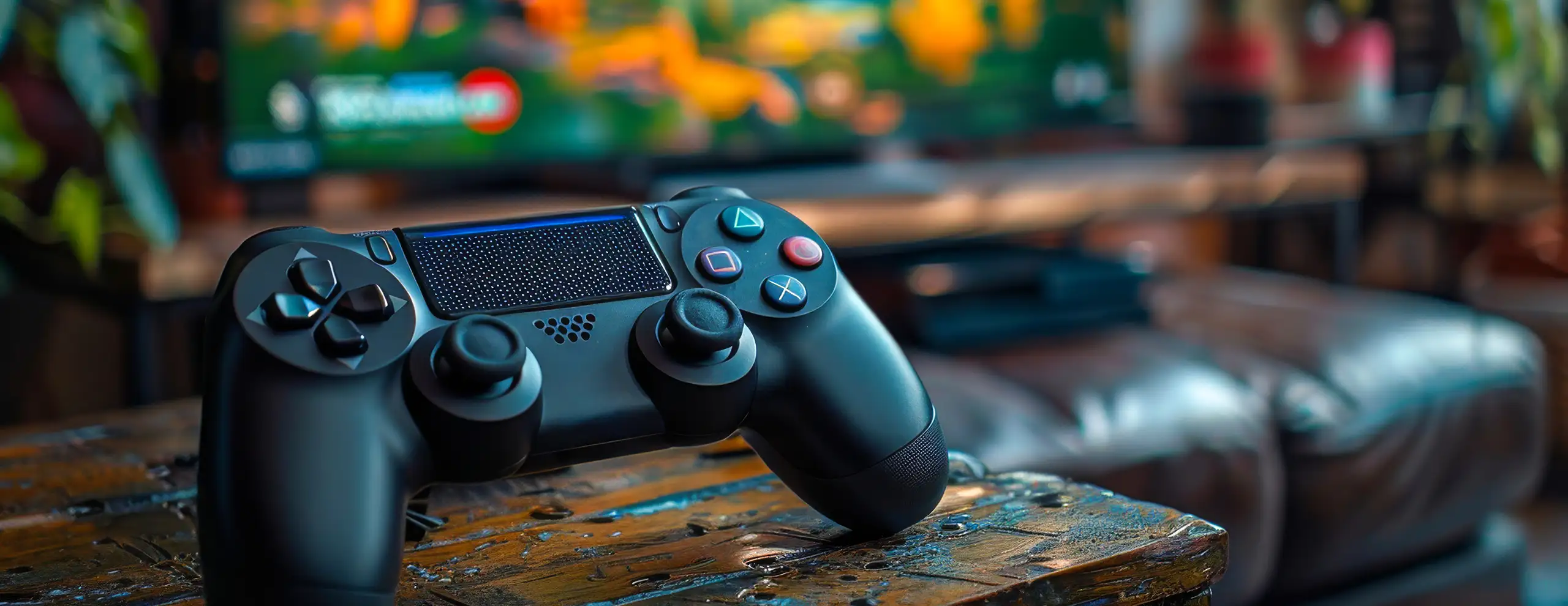 Gamepad op de achtergrond van het grote scherm in de lounge.