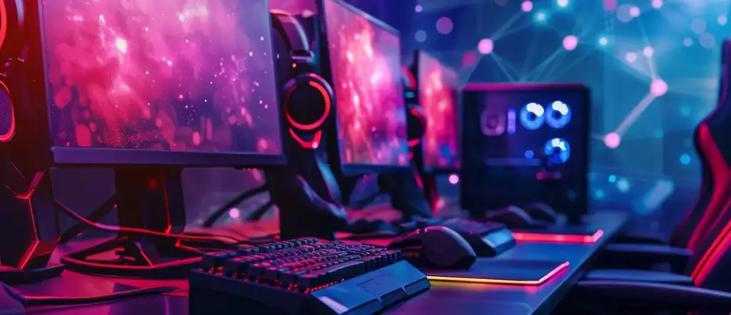 Op de tafels staan professionele computers in een rij met neonverlichting, op de monitoren zijn sterren te zien.