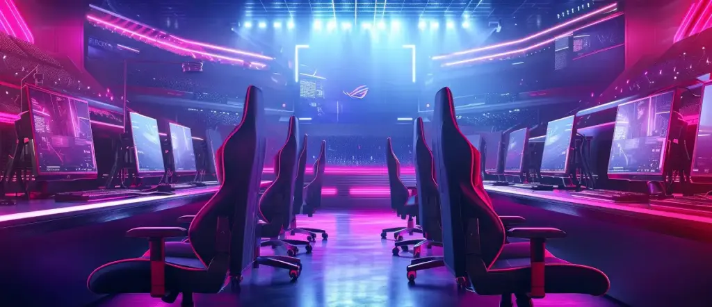 Aan beide zijden staan tafels met computers en daarvoor staan gamingstoelen.