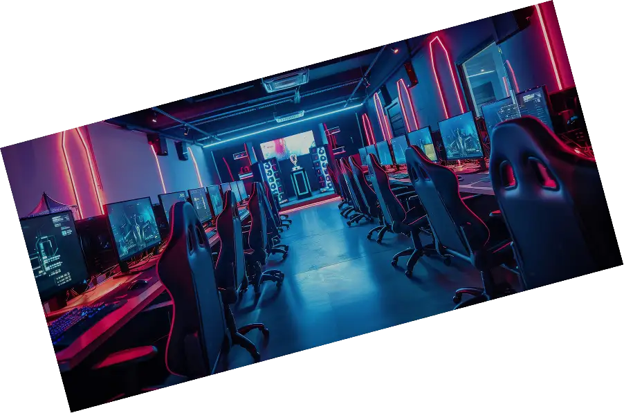 Moderne computerclubzaal met een aantal spelcomputers en stoelen met neonverlichting