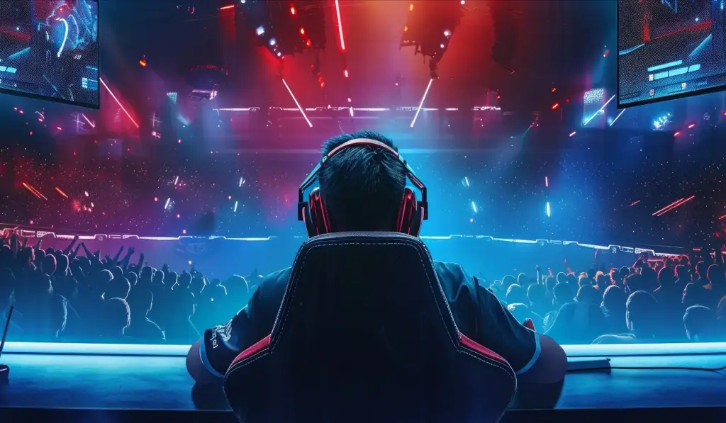 De speler zit met zijn rug tegen de gamestoel, voor hem ligt de arena.