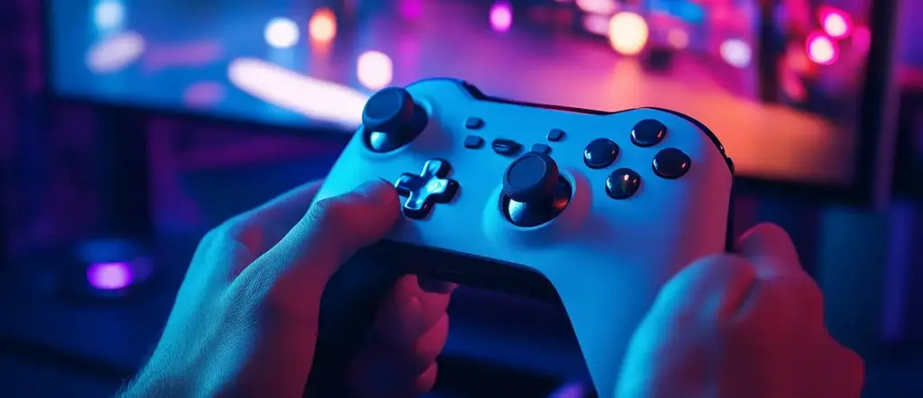 Een gamepad in de handen tegen de achtergrond van het scherm waarop het spel wordt uitgezonden.