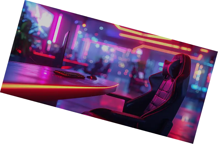 Speelplek in een computerclub met monitor, toetsenbord en neonverlichting