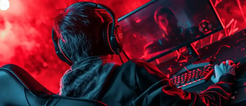 Een man zit met zijn rug naar de computers. Op het scherm is een spel te zien, de verlichting is in rode tinten.