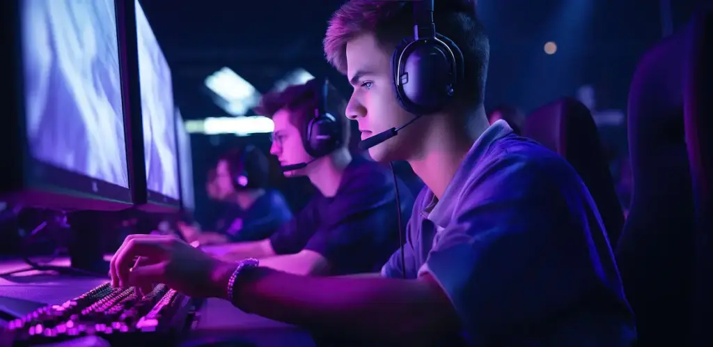 Het team van e-sporters zit achter hun computers en neemt deel aan het toernooi.