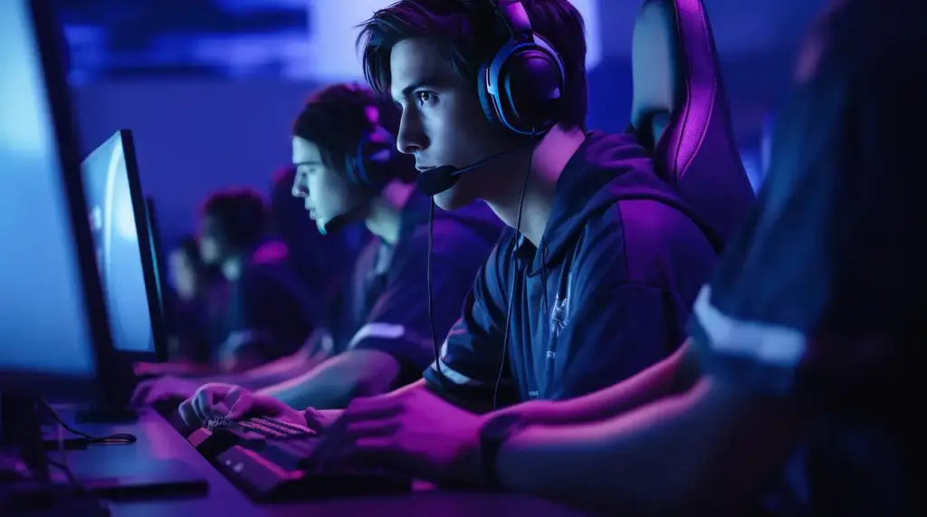 Het team van e-sporters zit achter hun computers en neemt deel aan het toernooi.