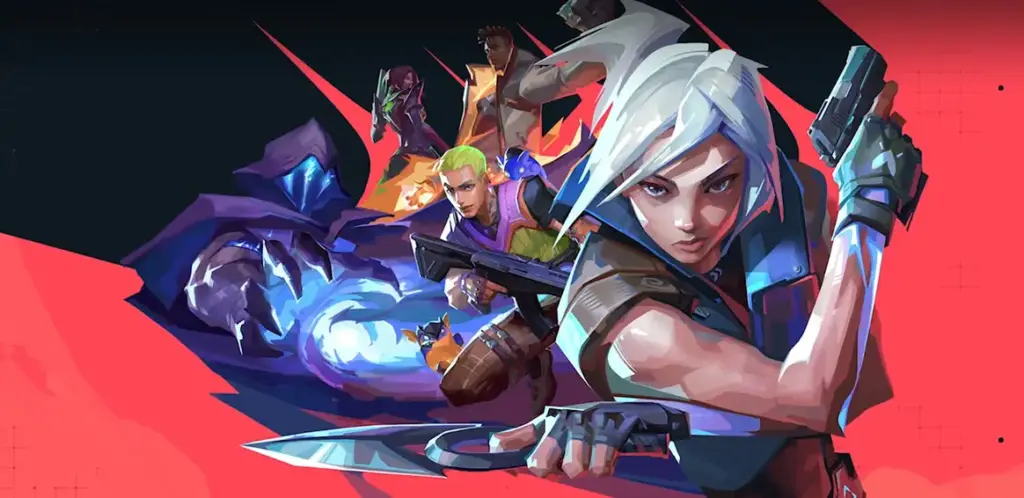 Game poster voor het spel Valorant met de personages op een rode achtergrond.