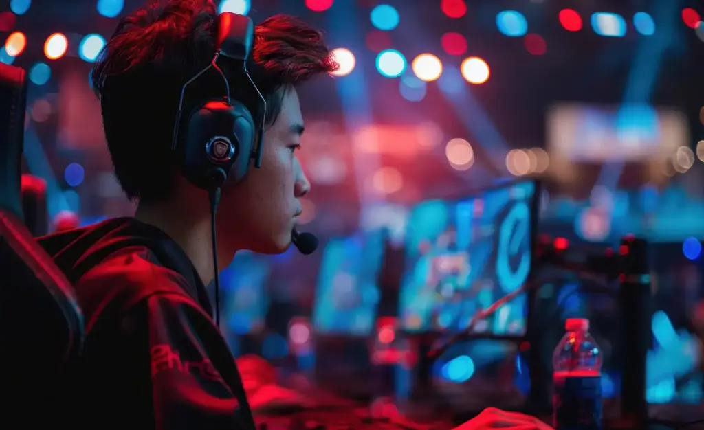 Afgebeeld is een toetsenbord waarop gespeeld wordt, zwart van kleur met neonverlichting.